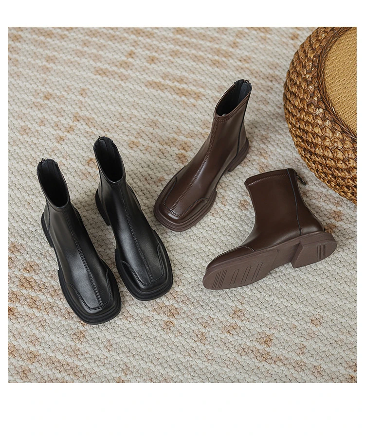 棕色真皮马丁靴女英伦风2023新款秋季法式弹力瘦瘦靴韩版方头短靴