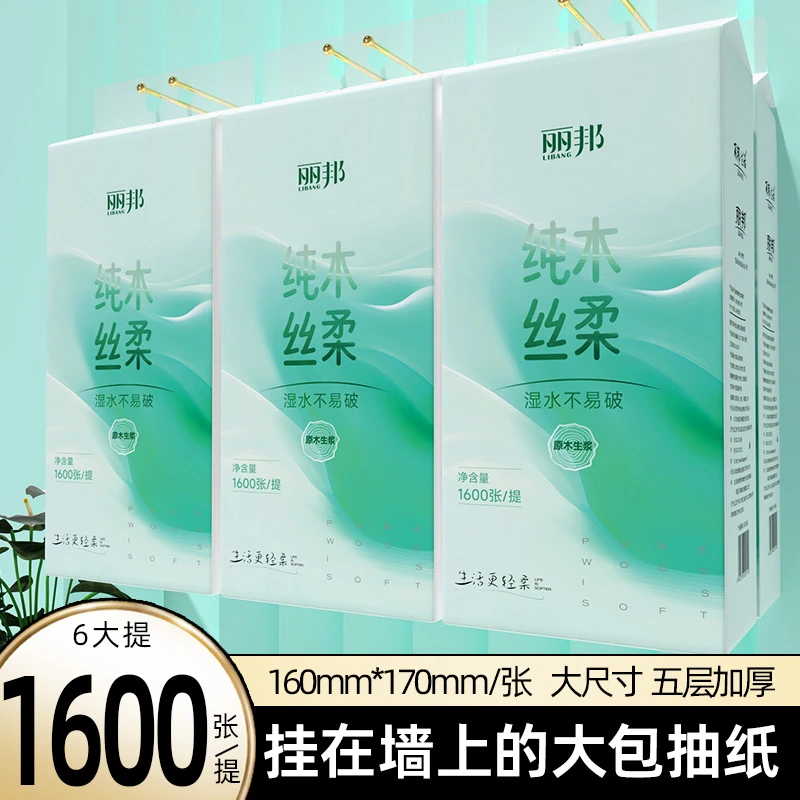【6提】丽邦纯木丝柔悬挂式抽纸5层大尺寸原生木浆湿水不易破家用