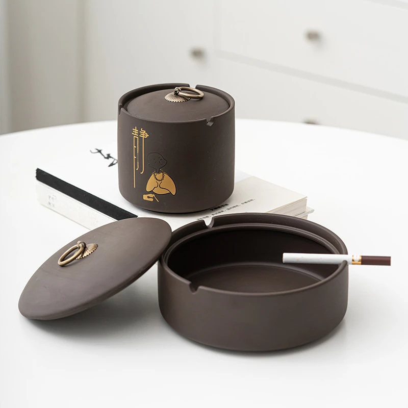 中式紫砂烟灰缸复古带盖多功能防风飞尘陶瓷创意个性时尚家用大号