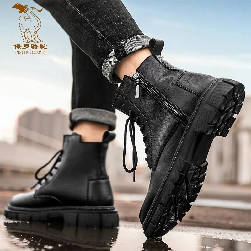 保罗骆驼拉链马丁靴男高帮增高真皮2022新款英伦风秋冬季加绒大码