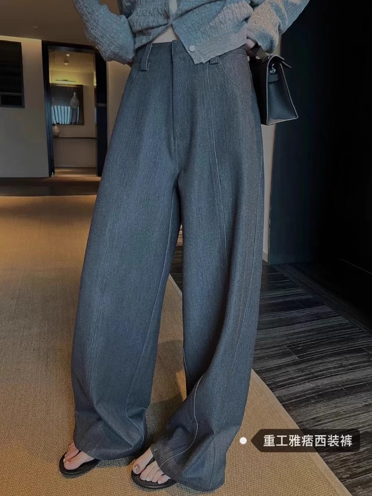 新款重工有份量雅痞时髦精西装裤高腰显瘦休闲百搭阔腿裤休闲裤女