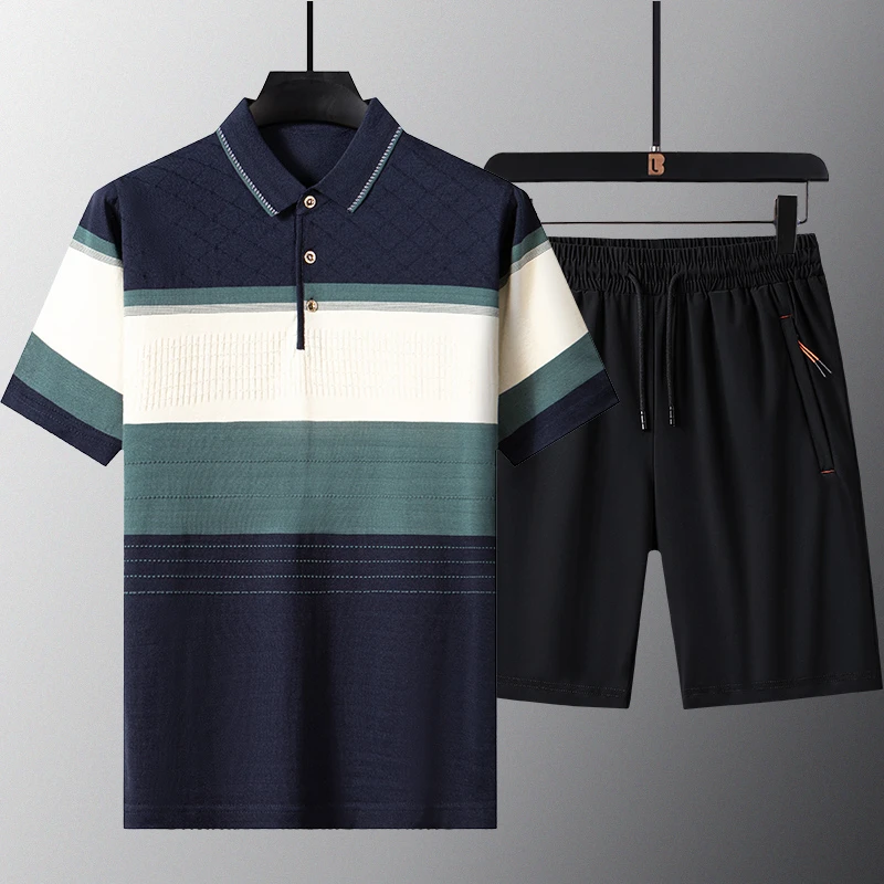 爸爸夏装套装男士短袖中老年运动休闲polo衫透气舒适T恤翻领上衣
