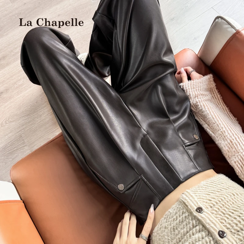 拉夏贝尔棕色高腰机车皮阔腿裤女秋冬高级感直筒显瘦复古拖地裤子