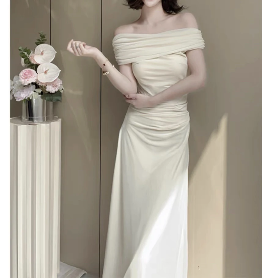 一字肩网纱连衣裙修身显瘦方领连衣裙修身包臀裙气质白色性感夏季