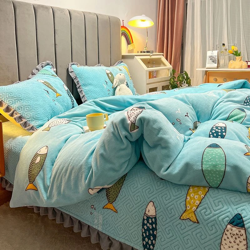 冬季卡通牛奶绒夹棉床盖四件套榻榻米加厚水晶绒加绒床单单品被套