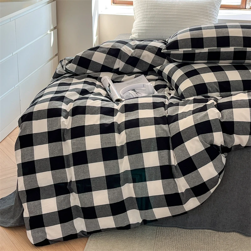 A类100全棉色织四件套纯棉黑白格床单床笠被套学生宿舍床品三件套