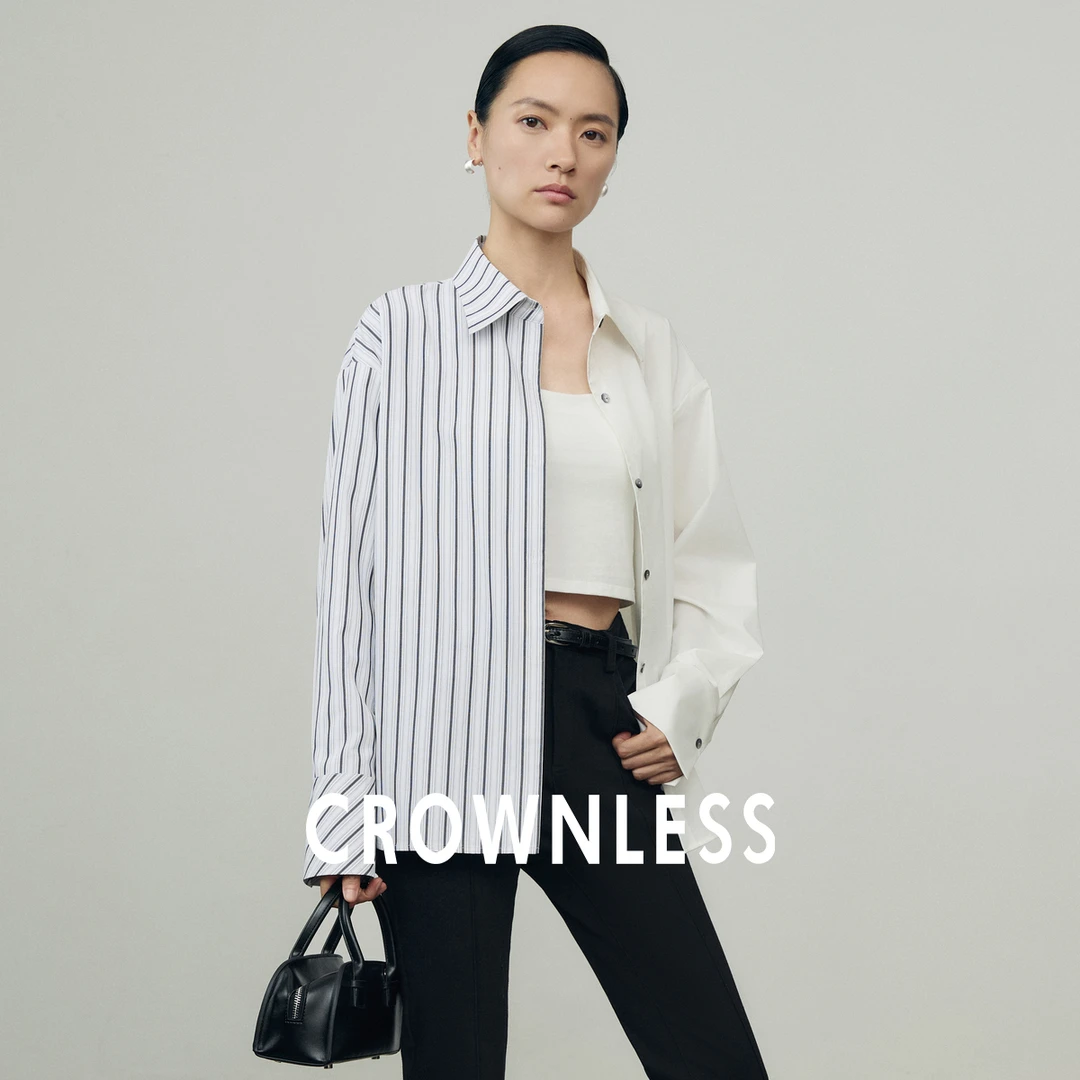 CROWNLESS未冕廓形时髦收腰两穿设计感竖条纹拼接宽松老钱衬衫女