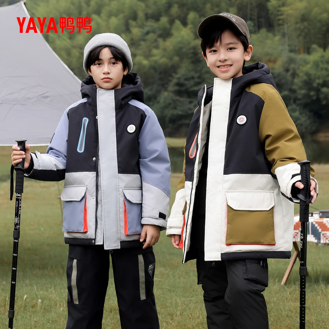 YAYA/鸭鸭女童儿童羽绒服2024新款男女撞色拼接运动百搭防风拼色