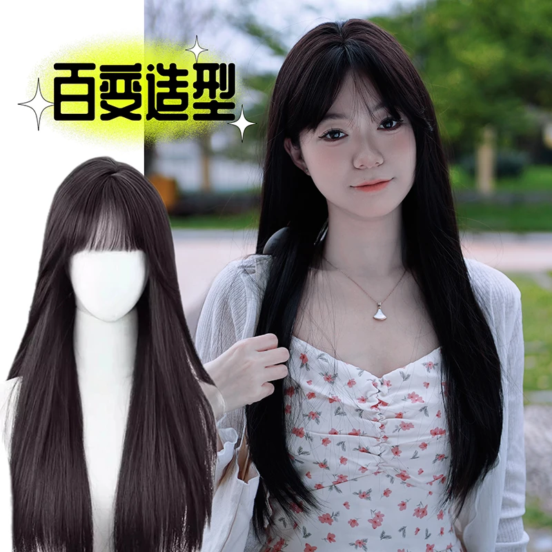 齐刘海富江款假发长直发黑色空气刘海自然夏季长假发女款全头套