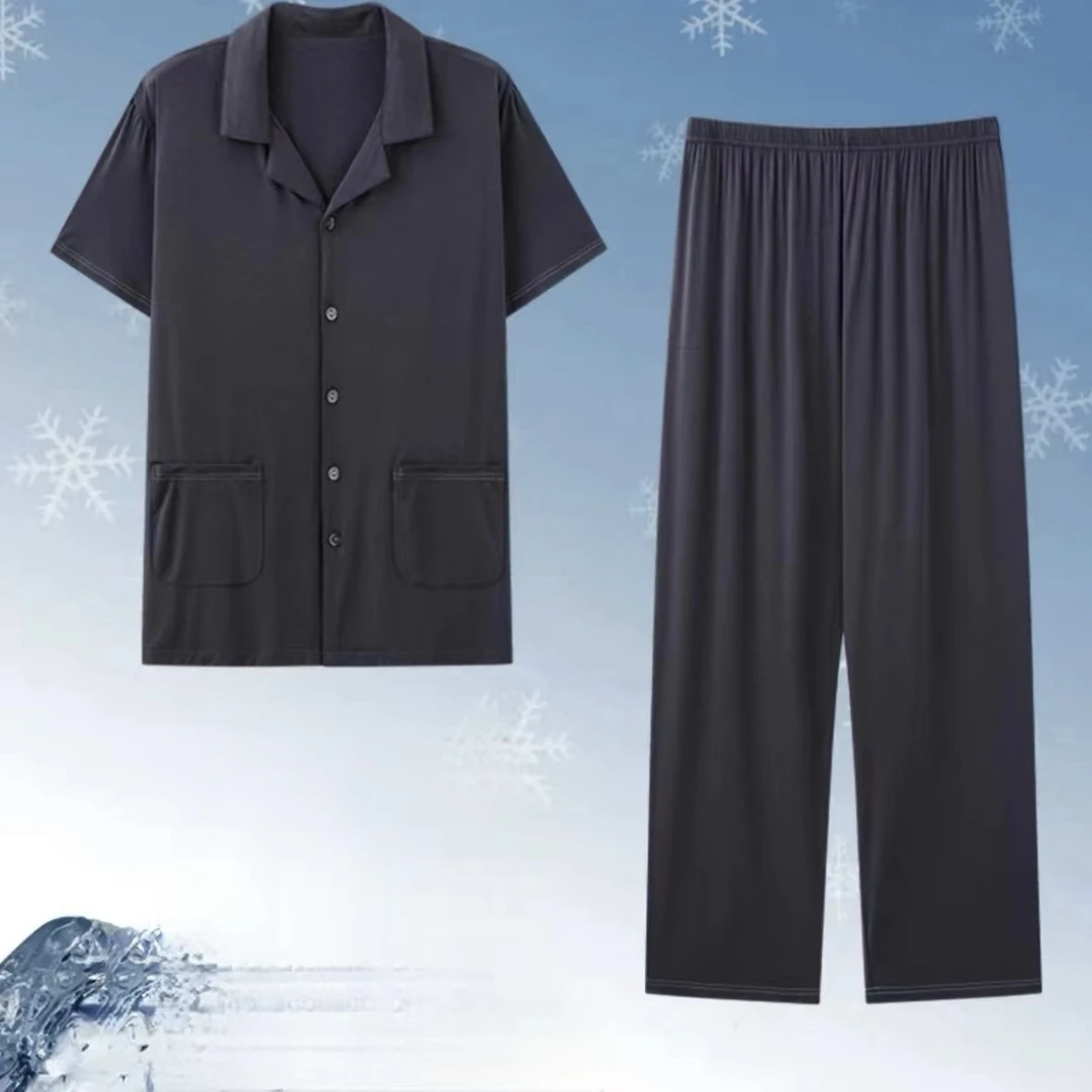 男式西装领棉绸套装中年睡衣时尚休闲家居服夏季宽松印花大码男士