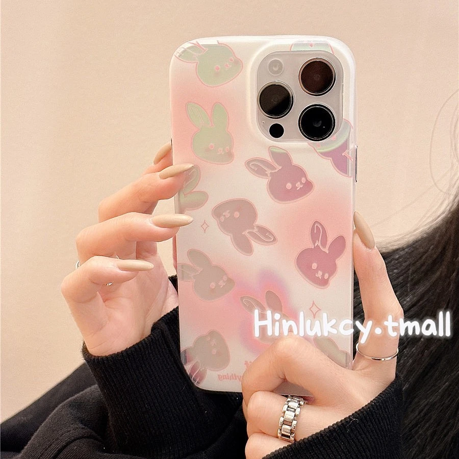 ins粉渐变镭射卡通兔子iPhone14pro max苹果13手机壳硅胶防摔12女