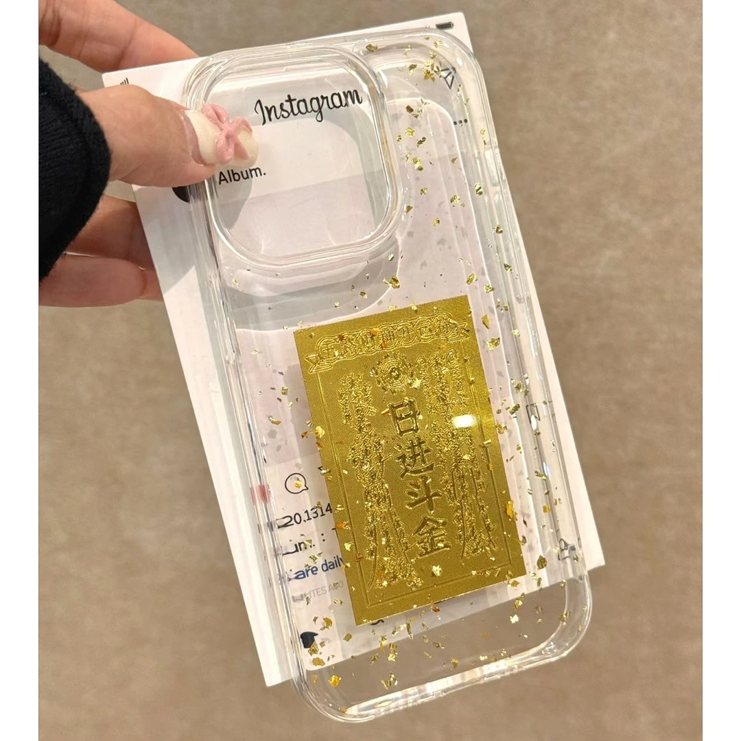 飞虎胜日进斗金滴胶适用iphone16/15苹果手机壳金箔手机壳14/13男