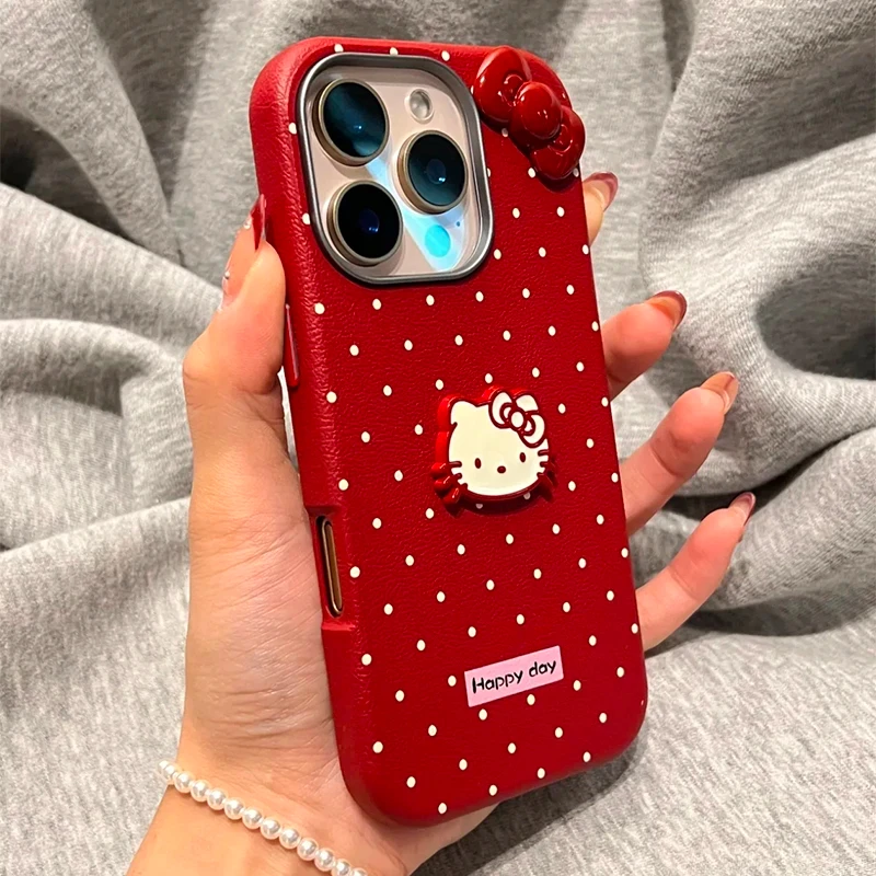 飞虎胜白波点红色凯蒂适用iphone16荔枝纹15金属框苹果手机壳13套