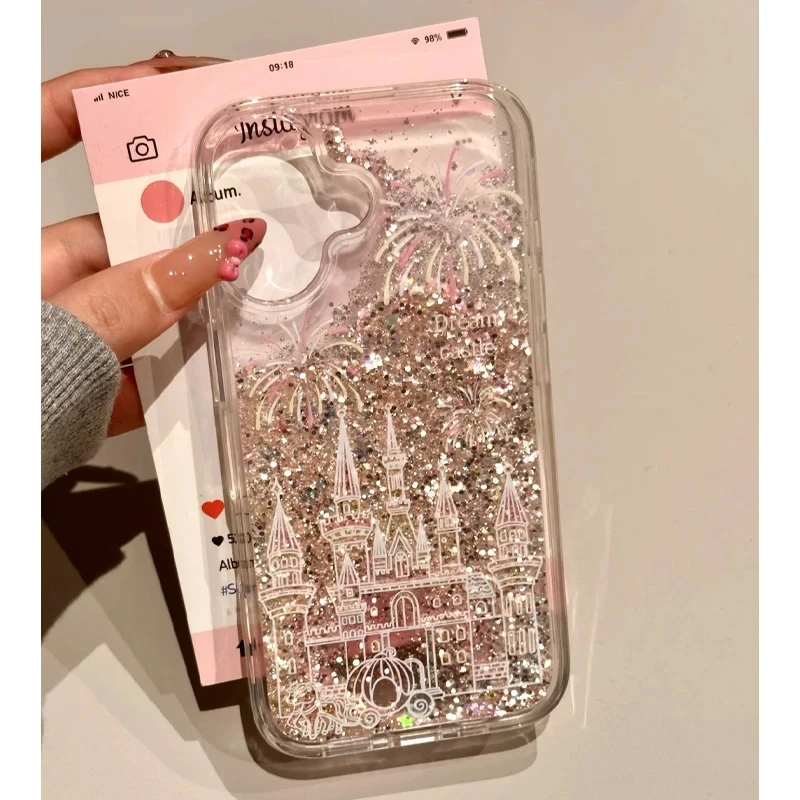 飞虎胜粉色烟花城堡流沙适用iPhone16苹果1315promax手机壳14女12