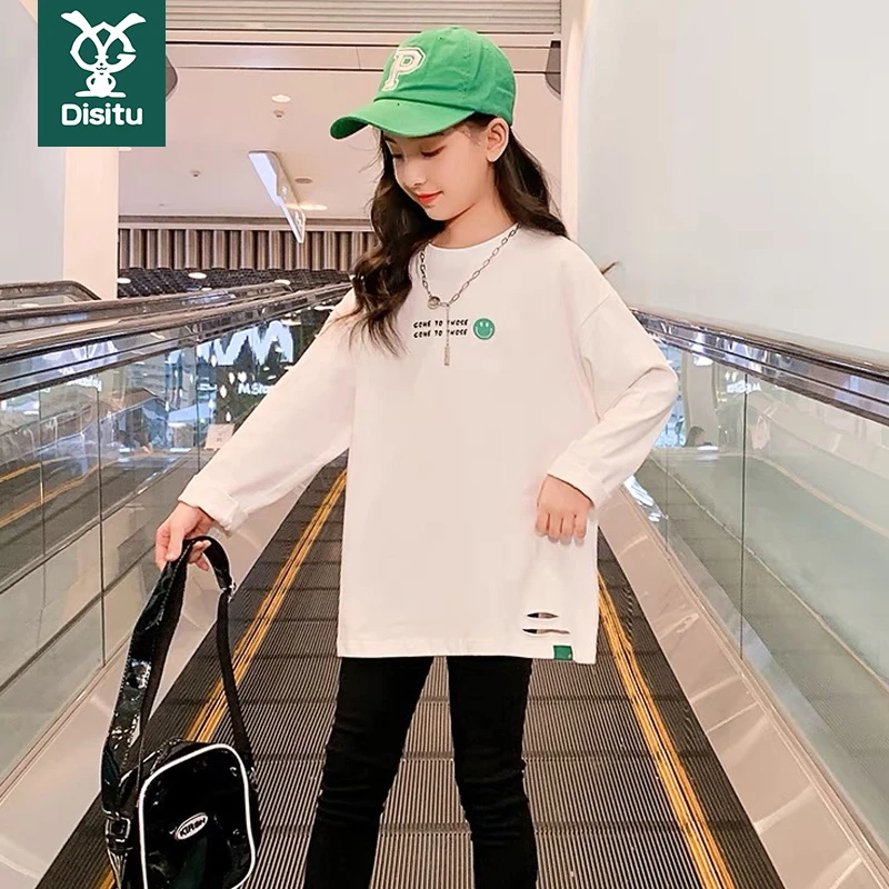 迪斯兔女童长袖T恤春秋款新款洋气儿童破洞打底衫女孩上衣大童装
