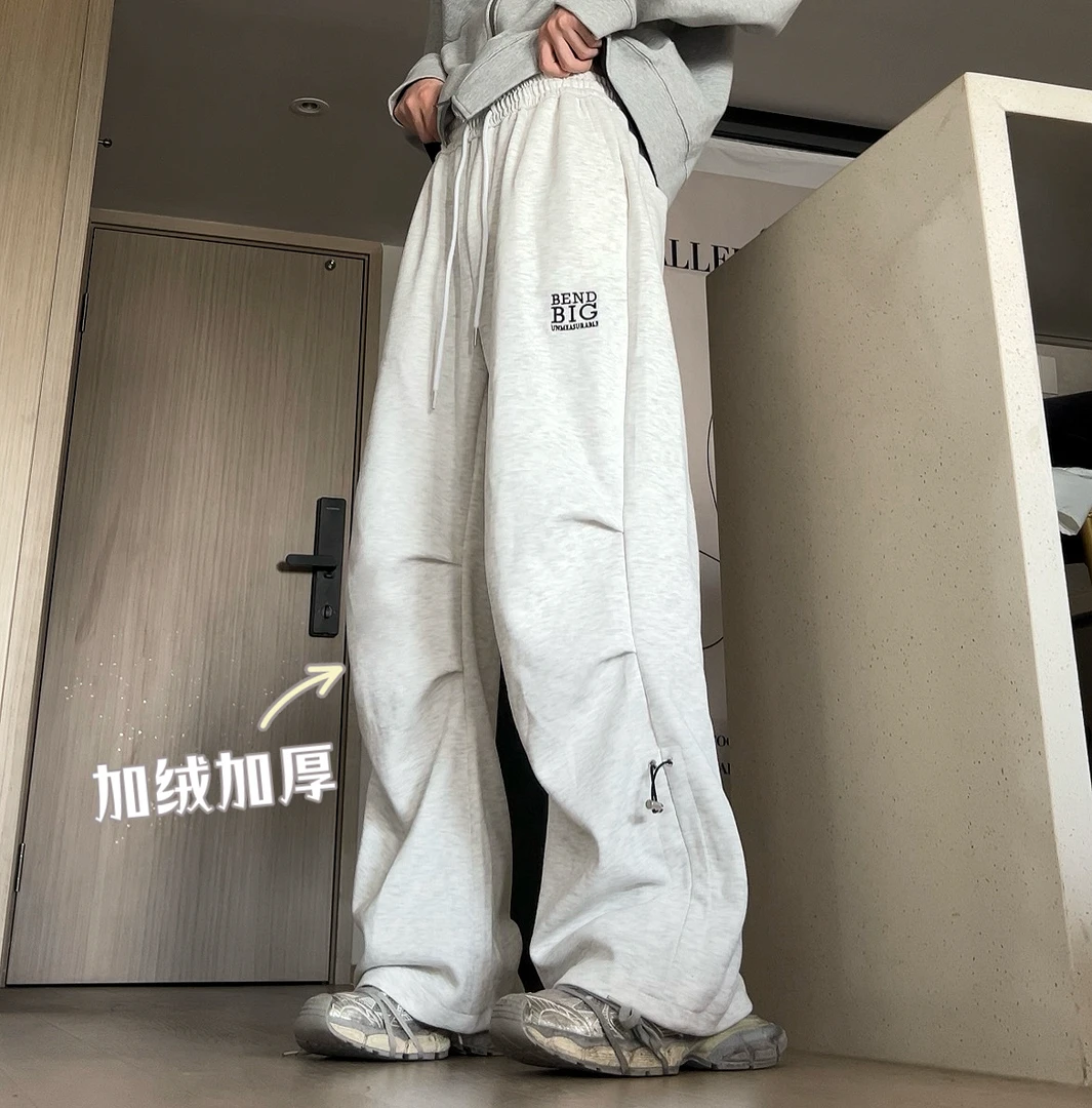 HN潮牌-秋冬新款宽松情侣弯刀裤百搭加绒加厚休闲运动裤男女同款