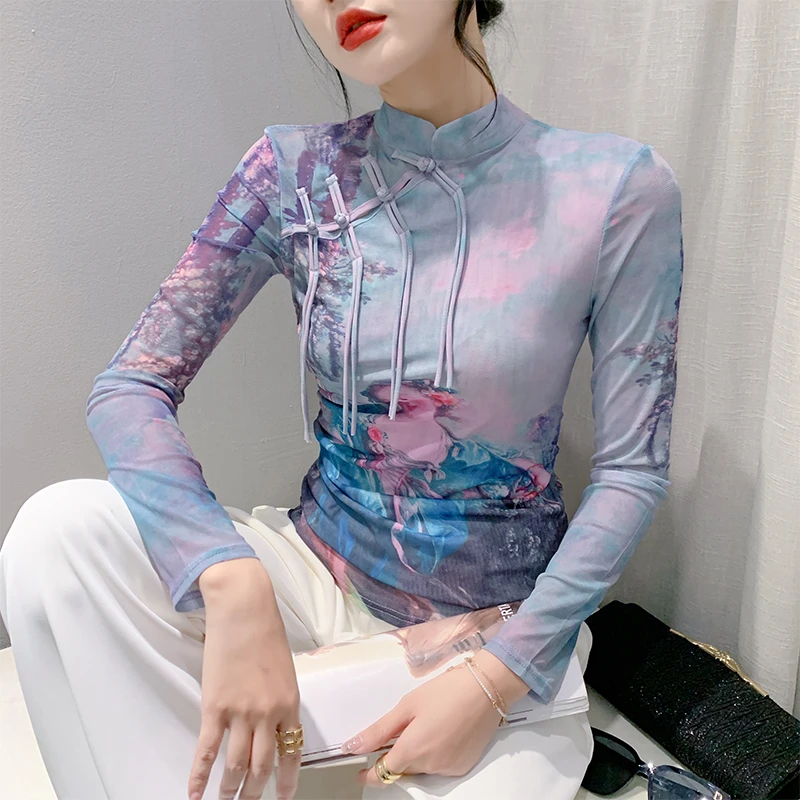 中国风女装复古盘扣T恤女长袖洋气上衣时尚印花网纱打底衫女春秋