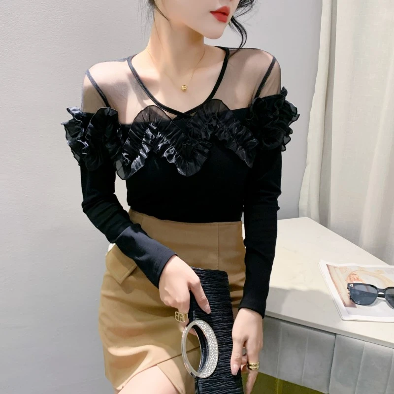 性感V领T恤女装长袖秋装设计感时尚木耳边上衣修身百搭网纱打底衫