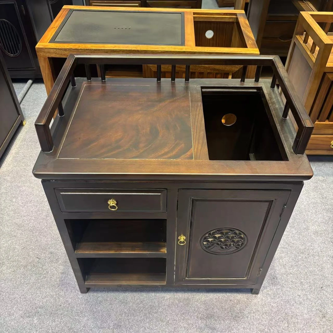 新中式胡桃木实木中粮茶水柜茶边柜置物柜烧水柜黑胡桃色款