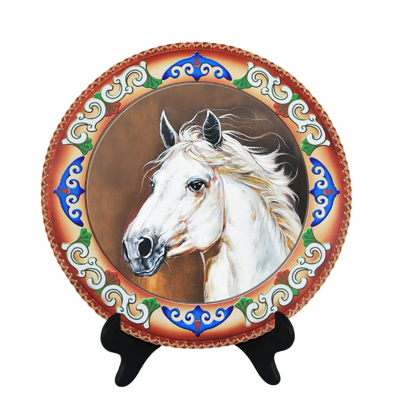 蒙古元素皮革圆盘画摆件 居家装饰 蒙古包装饰赠友