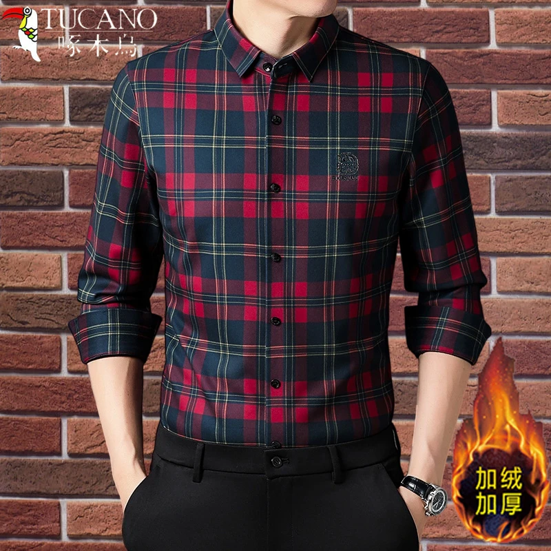 啄木鸟男士加绒长袖衬衫格子中青年秋冬新款时尚休闲潮流保暖寸衣