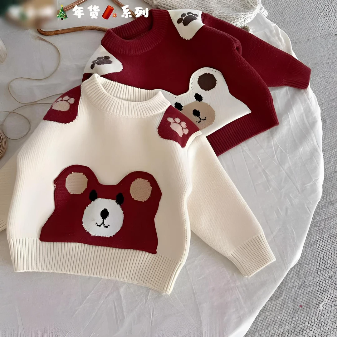 男童毛衣秋冬加厚针织衫圣诞红色女童内搭打底衣宝宝加绒保暖衣服