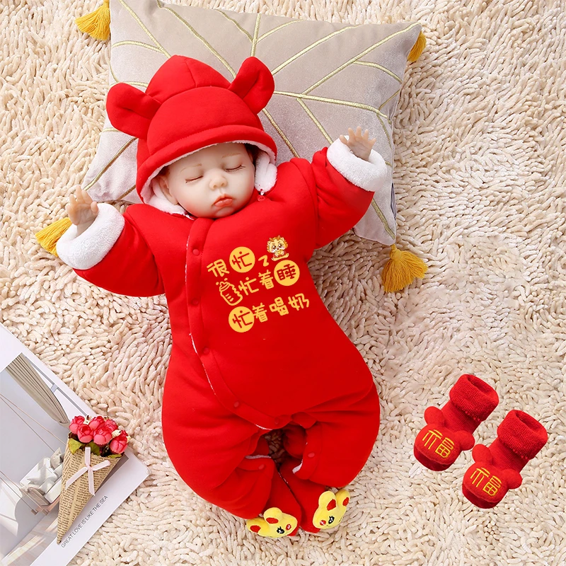 新生婴儿连体衣冬季加绒加厚外出棉服刚出生男女宝宝拜年满月套装