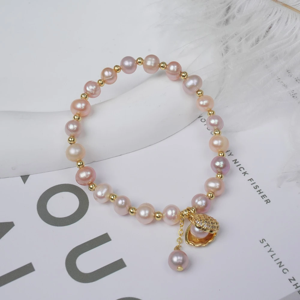 【彩虹】6-7mm天然淡水无核珍珠吊坠弹力绳手串0532