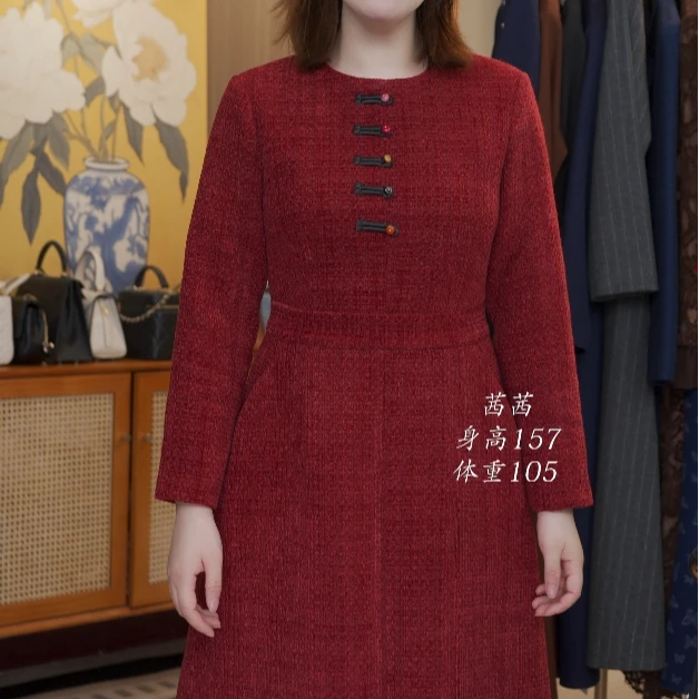 番茄红圆领连衣裙气质收腰A字裙