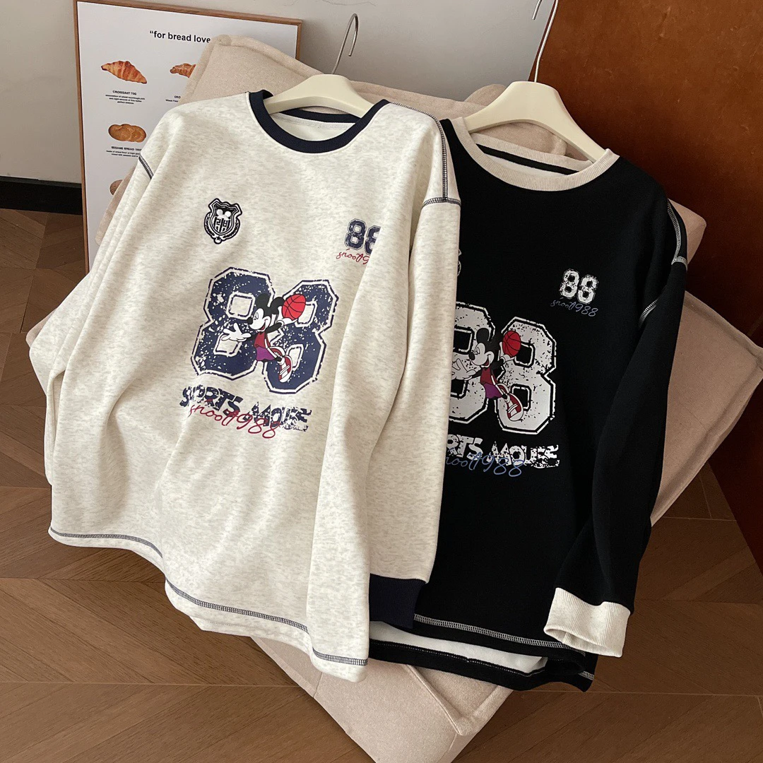 9028新款美式复古撞色卡通米奇喷画卫衣女宽松大版上衣潮春秋长袖