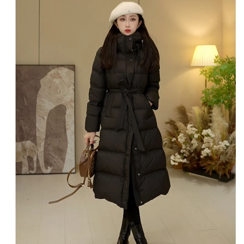 羽绒服反季专柜品质加厚长款保暖羽绒服女装收腰修身腰带鸭绒服