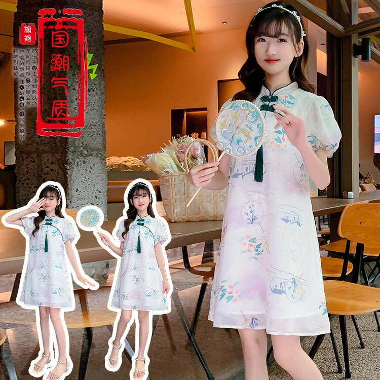 中式汉服连衣裙夏季2025新款洋气小女孩中国风旗袍大童女孩旗袍裙