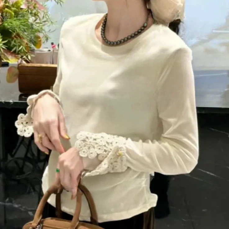 设计感拼接袖口修身长袖T恤女秋冬季洋气高级感收褶纯色打底上衣