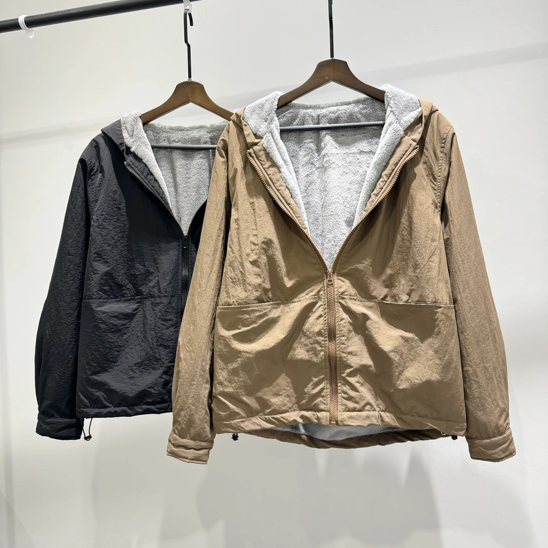 冬季简约百搭大口袋连帽加绒夹克潮牌INS港风宽松抽绳保暖外套