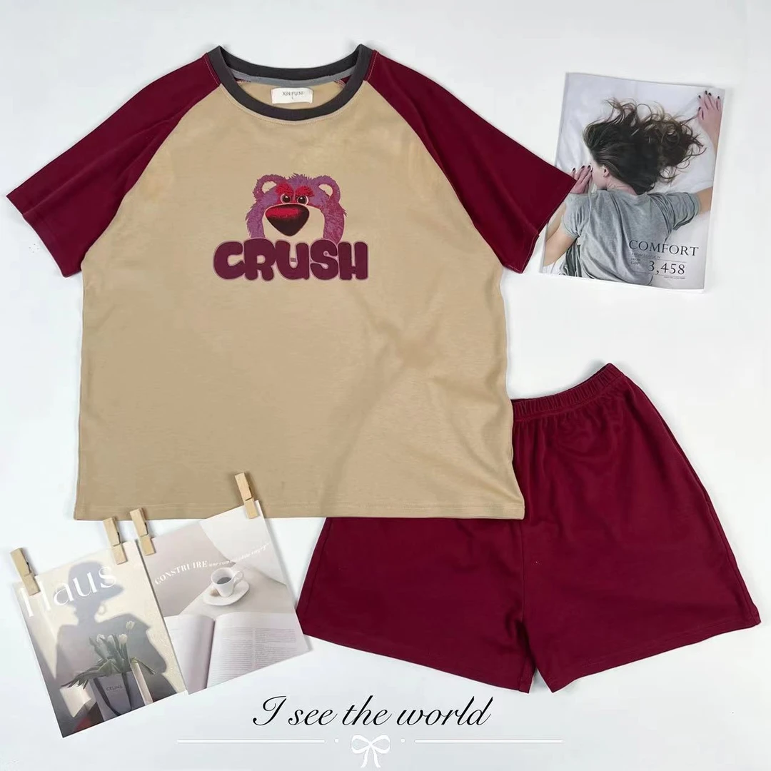 睡衣杏色枣红插肩熊宽松时尚休闲短袖短裤家居服