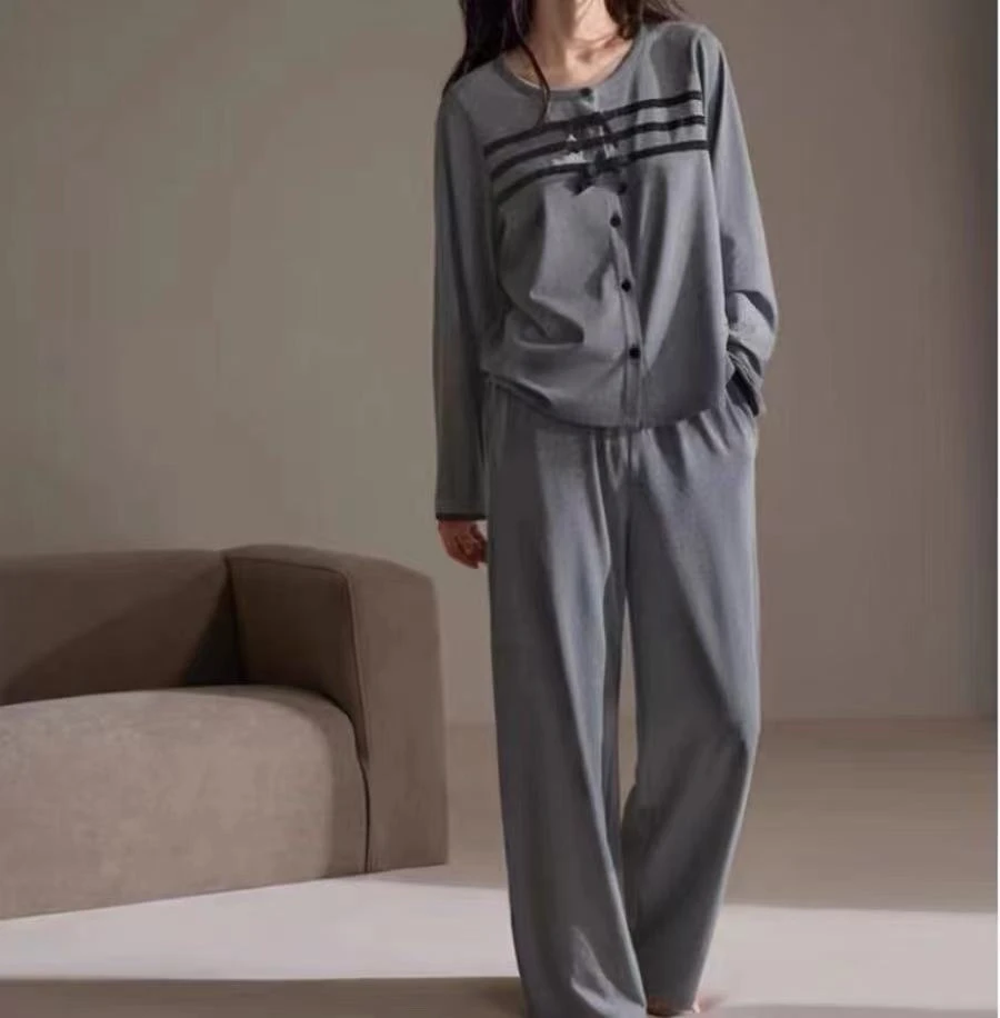 睡衣女秋冬款灰色蝴蝶结长袖长裤家居服两件套装-A031-A023