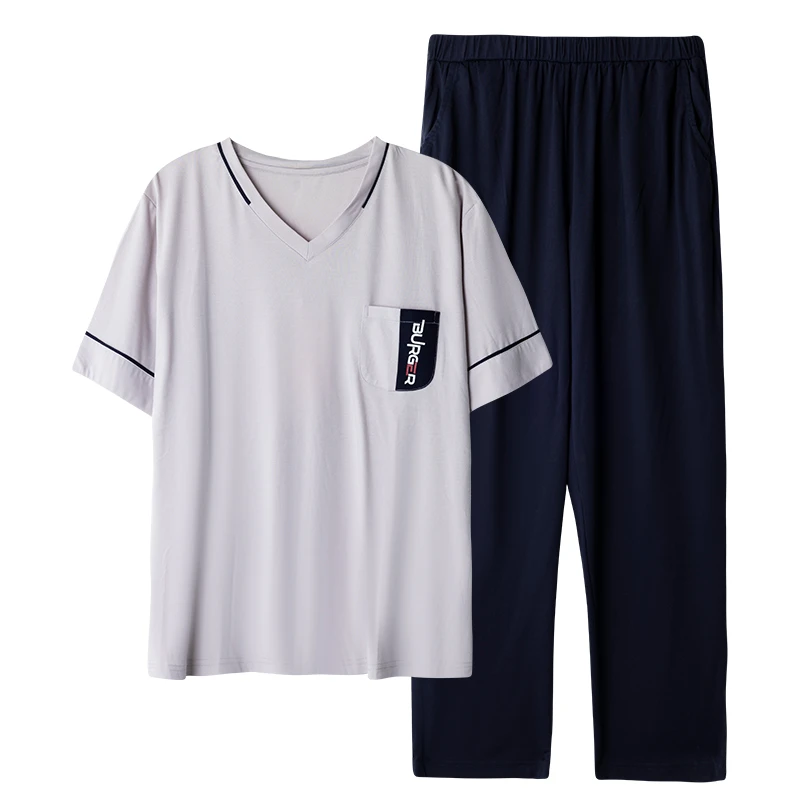 男士夏季短袖长裤家居服套装灰色V领侧口袋202508-459