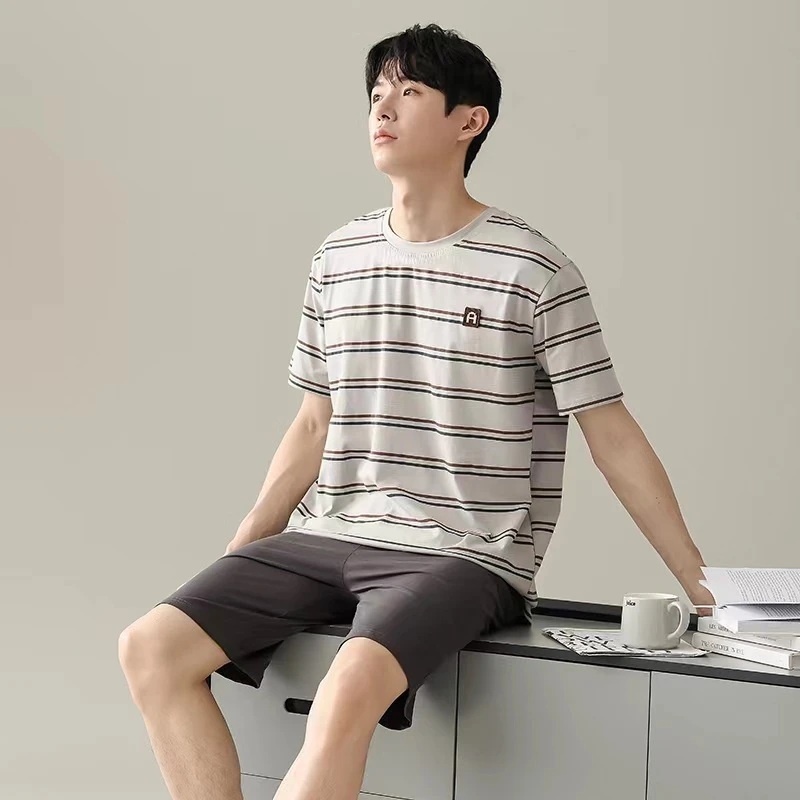 睡衣夏季男款纯棉灰色条纹图标短袖短裤家居服套装-523
