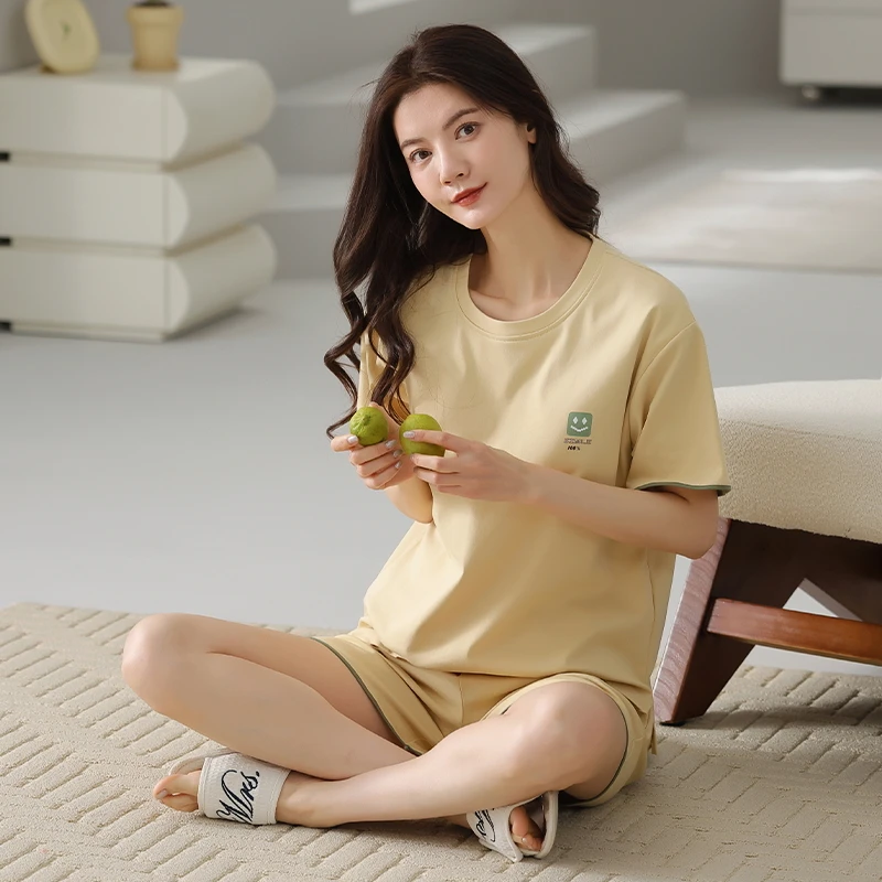 睡衣女夏季棉花新款笑脸字母短袖短裤家居服两件套装-684