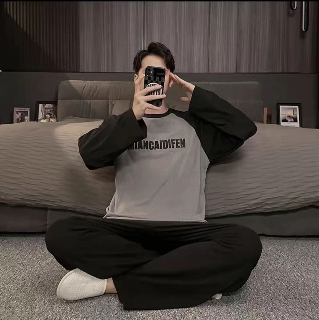 男士时尚睡衣套装秋冬季黑色插肩字母德绒双长男睡衣家居服-A216