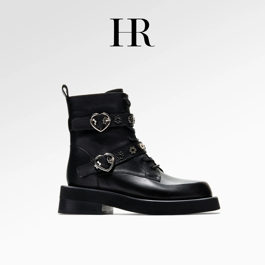 HR/赫莲娜英伦风靴子时尚百搭女士秋冬高帮冬季马丁靴黑色真皮女