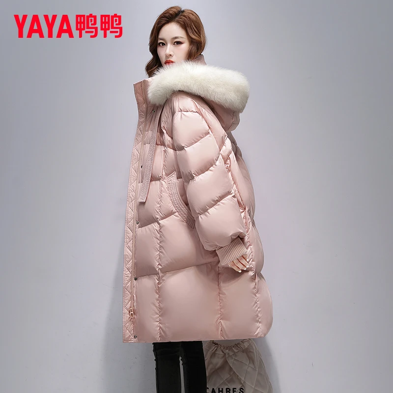 YAYA/鸭鸭长款羽绒服女士冬季狐狸毛领2024新款连帽时尚宽松加厚