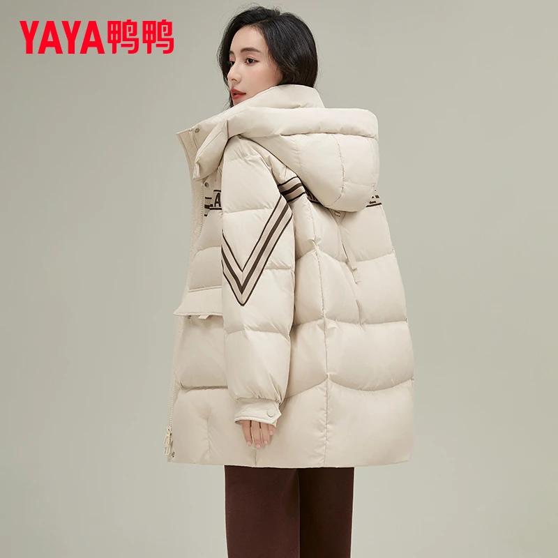 YAYA/鸭鸭羽绒服女2024新款冬季时尚设计感中长韩版字母加厚外套