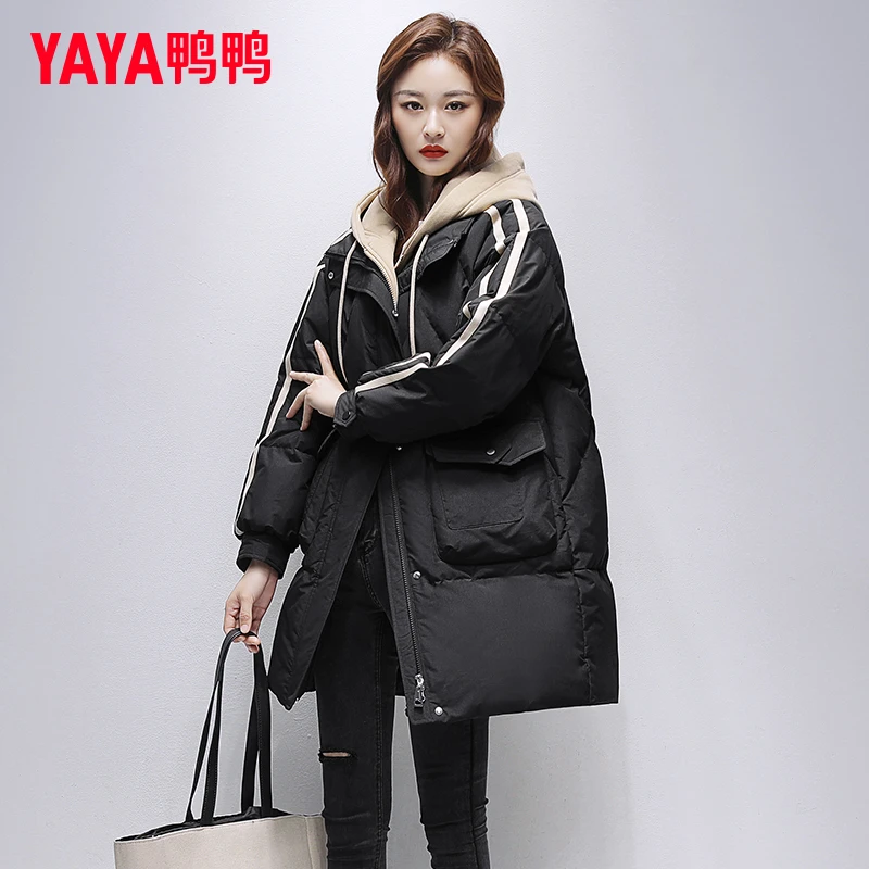 YAYA鸭鸭中长款羽绒服女假两件套2024新款连帽休闲宽松显瘦爆款冬