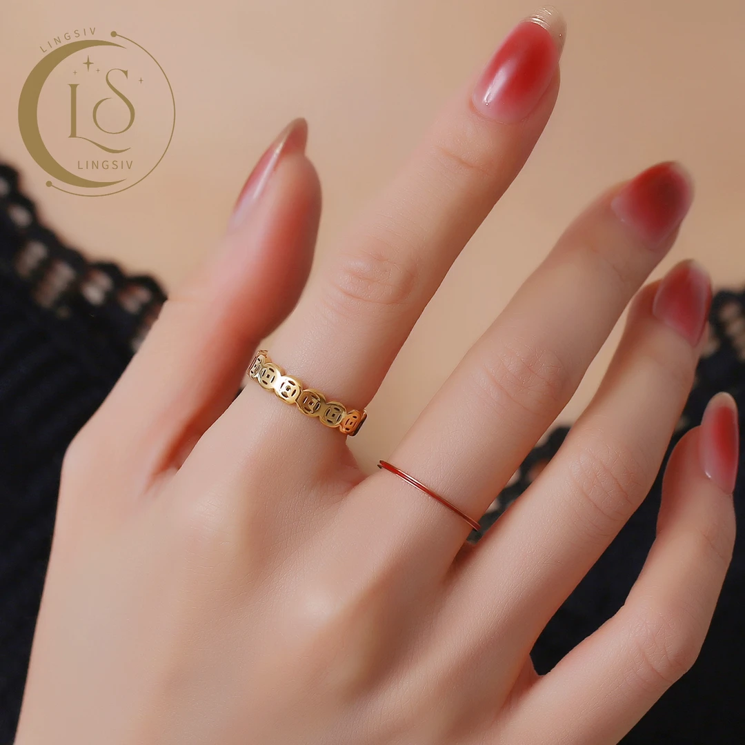 钛钢戒指 高级感气质轻奢款铜钱戒指男女士素圈金色情侣对戒指环