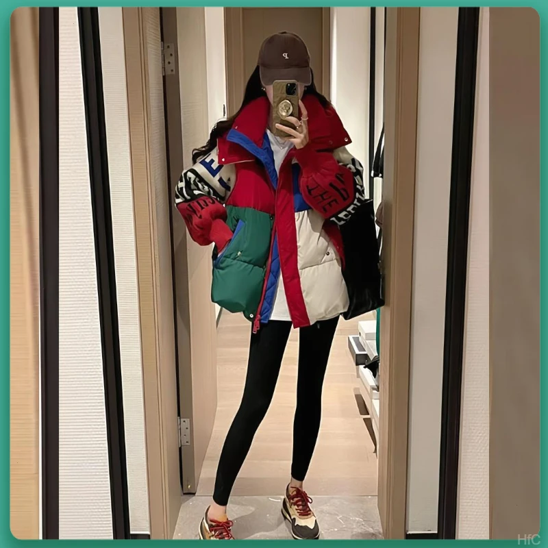 欧洲站潮牌短款羽绒服女2025新款爆款针织袖网红时尚连帽宽松加厚