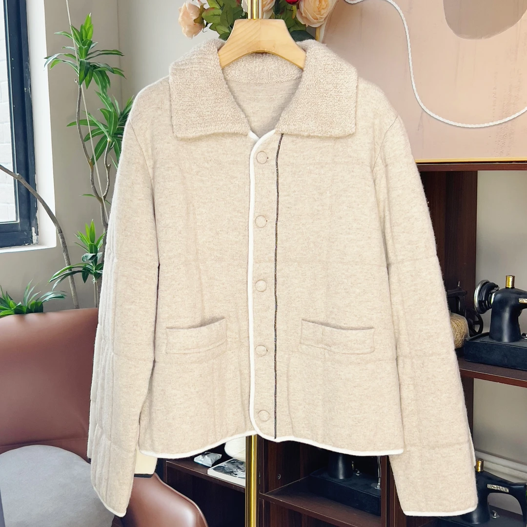 【美久仟】堪比小袄！羊绒polo领钉珠针织纽扣开衫