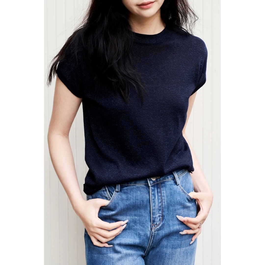 【美久仟】3.8女神节！桑蚕丝金葱三分袖圆领短袖针织女夏L573