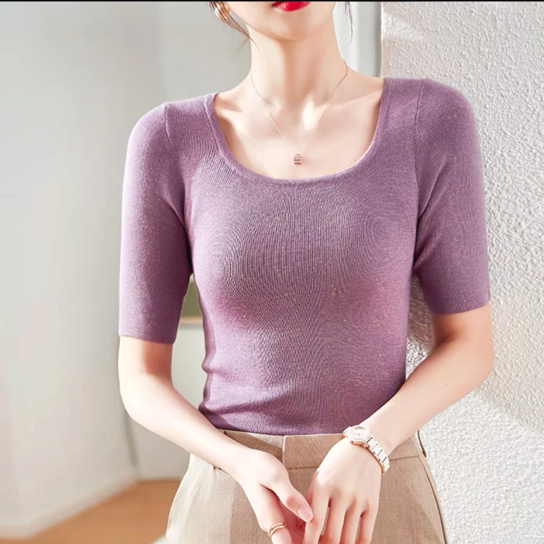 【美久仟】女神节福利！莱赛尔纤维抗菌纤维小U领竖抽条金葱短袖L587