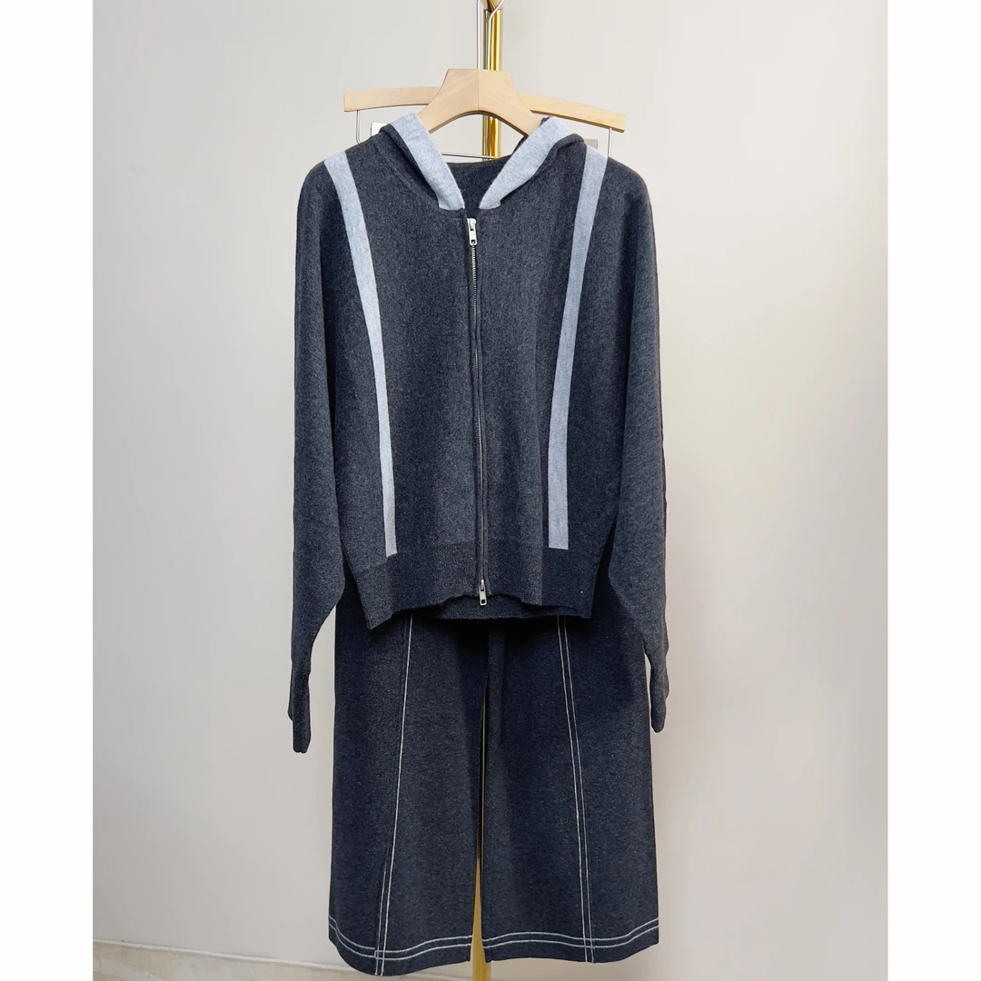 【美久仟】过冬套装！羊绒针织帽衫+直筒裤套装女秋冬